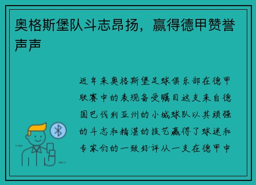奥格斯堡队斗志昂扬，赢得德甲赞誉声声