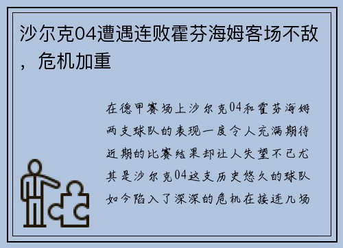 沙尔克04遭遇连败霍芬海姆客场不敌，危机加重
