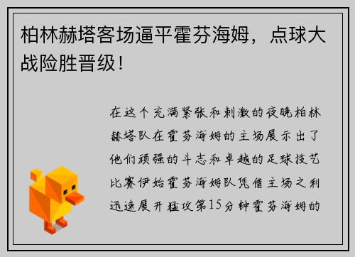 柏林赫塔客场逼平霍芬海姆，点球大战险胜晋级！