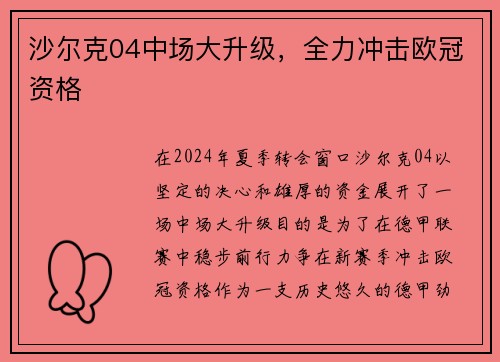 沙尔克04中场大升级，全力冲击欧冠资格
