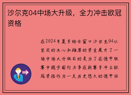 沙尔克04中场大升级，全力冲击欧冠资格